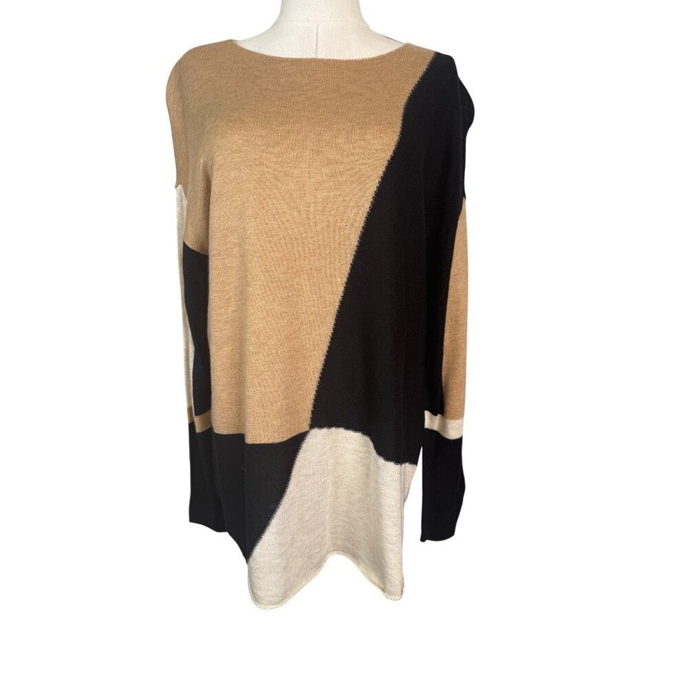INC Petite XL Colorblock Sweater Acrylic/Wool Blend Long Sleeve Tan/Black/White